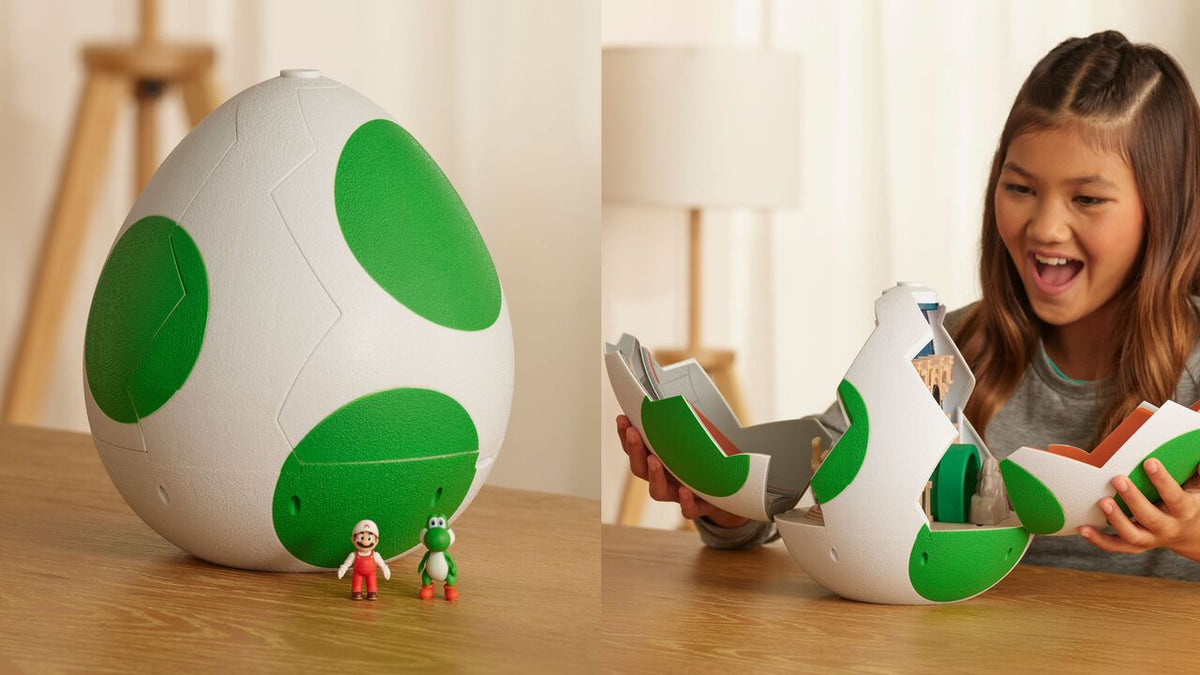 Playset Super Mario Galaxy com ovo do Yoshi, mostrado fechado e durante a brincadeira
