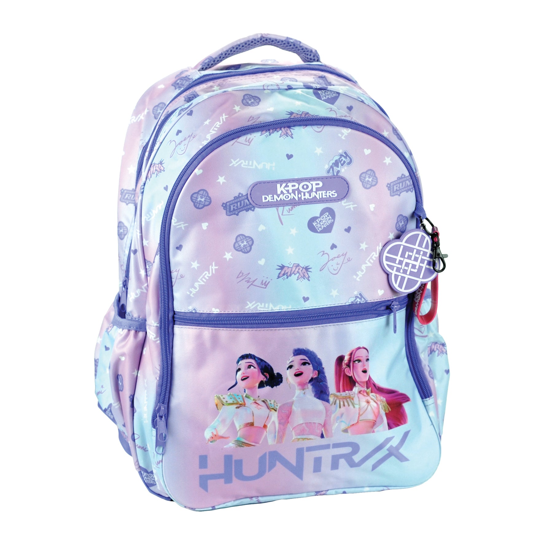 Mochila escolar lilás K-POP Demon Hunters com 3 compartimentos 46cm