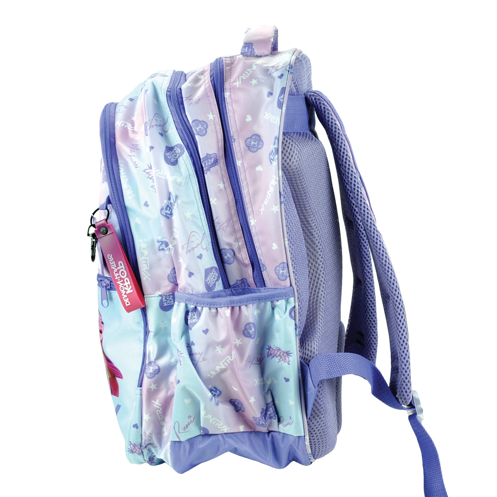 Mochila escolar lilás K-POP Demon Hunters com 3 compartimentos 46cm