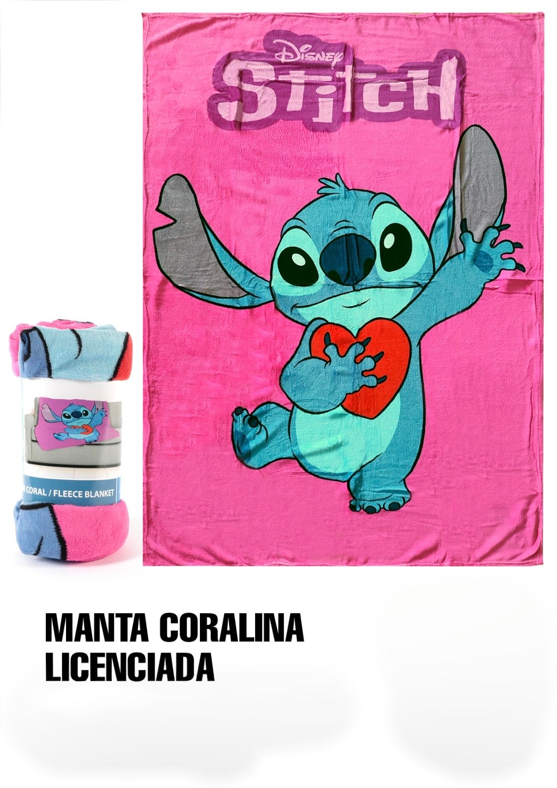 Manta Coralina Stitch Coração Rosa