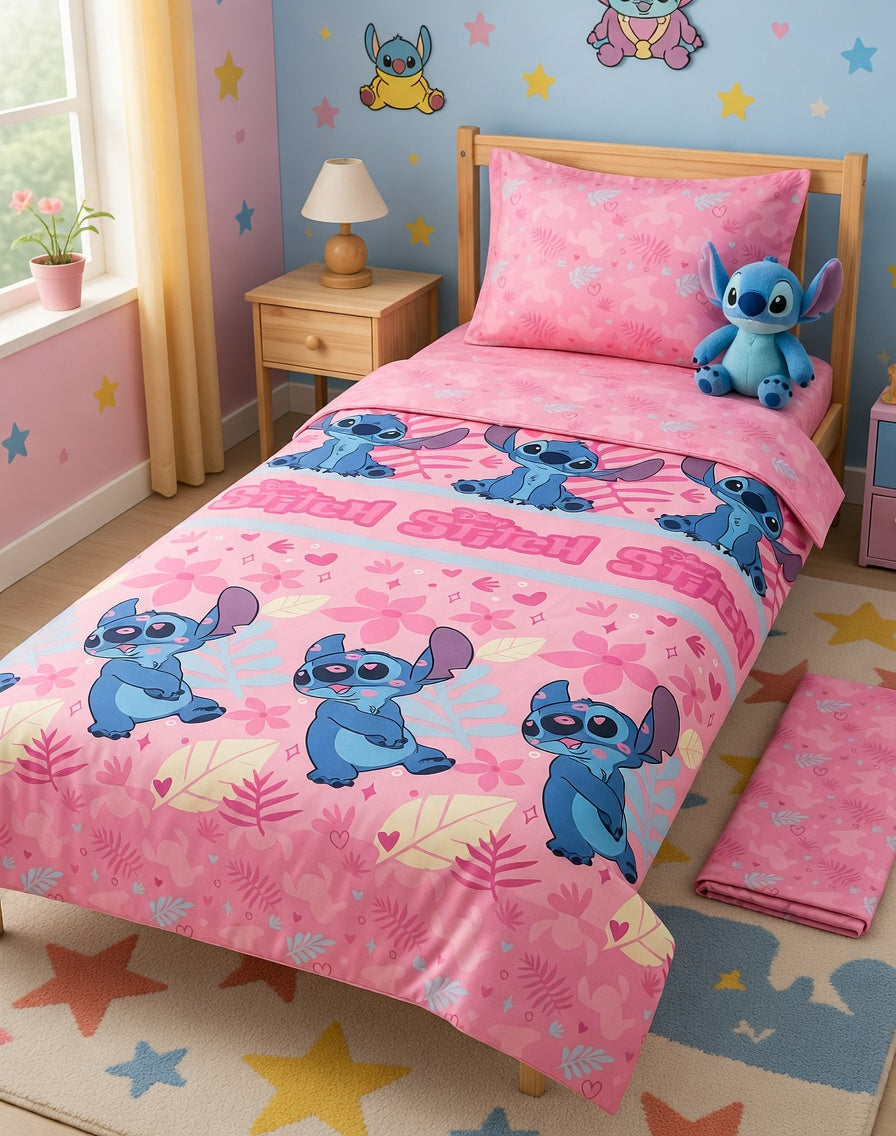 Jogo de lençóis Infantil Stitch Disney Rosa com Flores — imagem principal