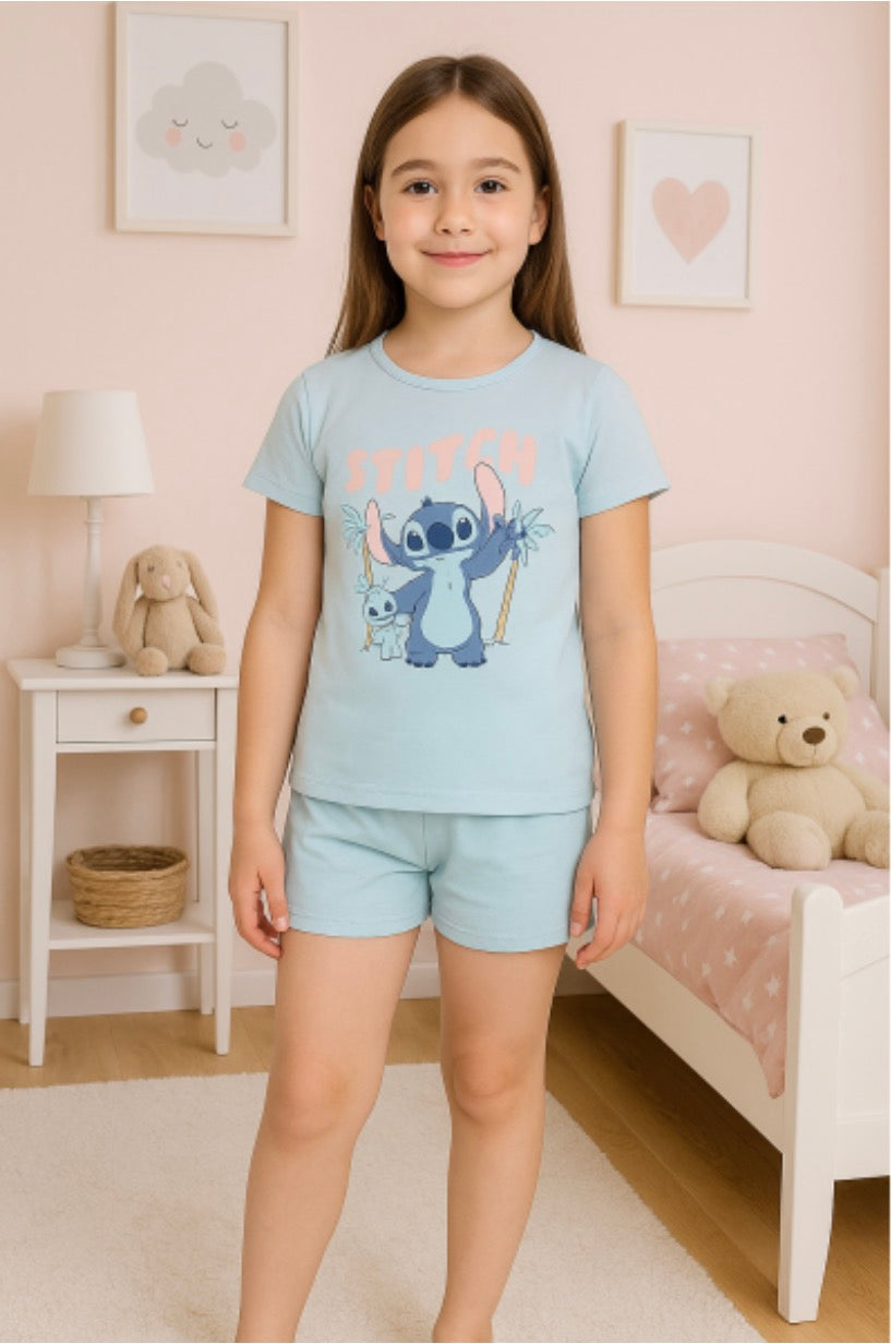 Pijama Stitch Infantil T-Shirt + Calções 100% Algodão
