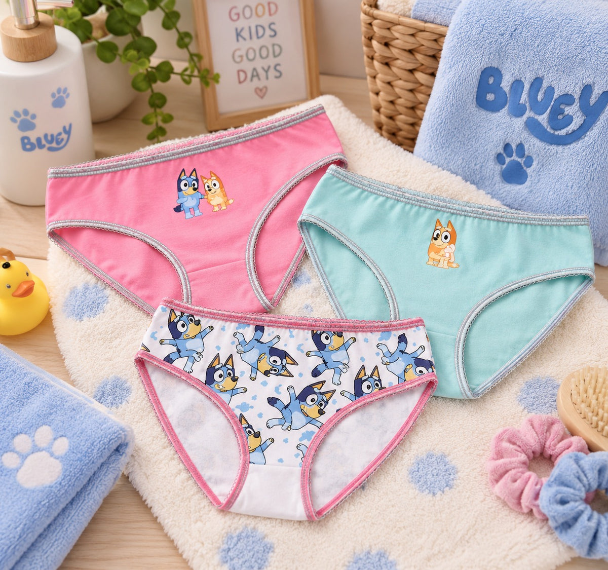 Pack de 3 Cuecas Infantis Bluey Rosa/Azul – 100% Algodão