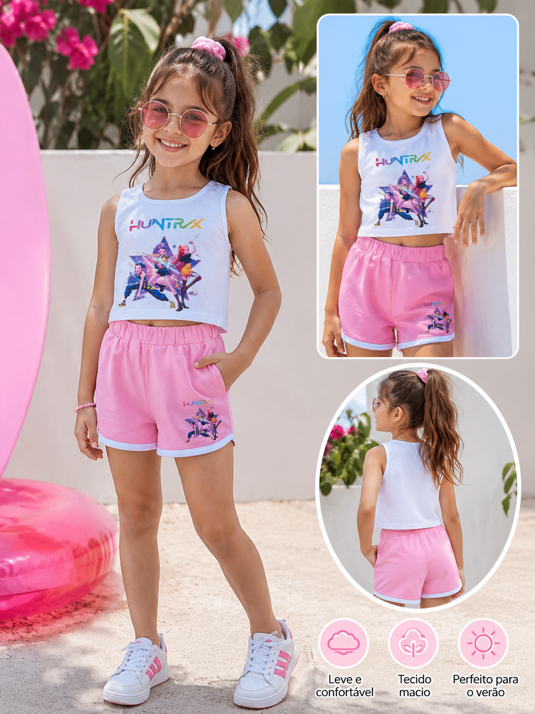 Conjunto K-Pop Huntrix Demon Hunters Menina – Top e Calções Rosa (4-12 Anos)