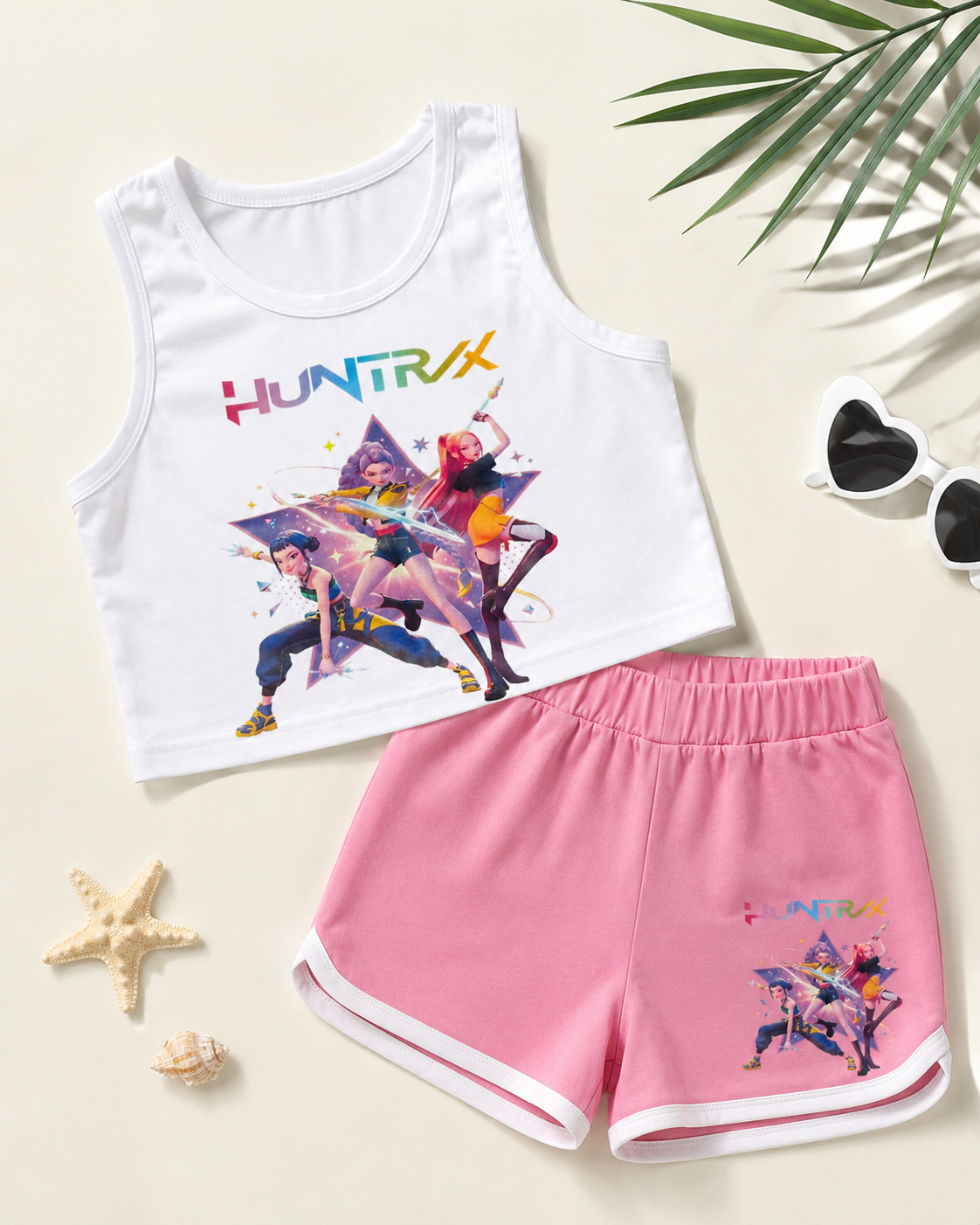Conjunto K-Pop Huntrix Demon Hunters Menina – Top e Calções Rosa (4-12 Anos)