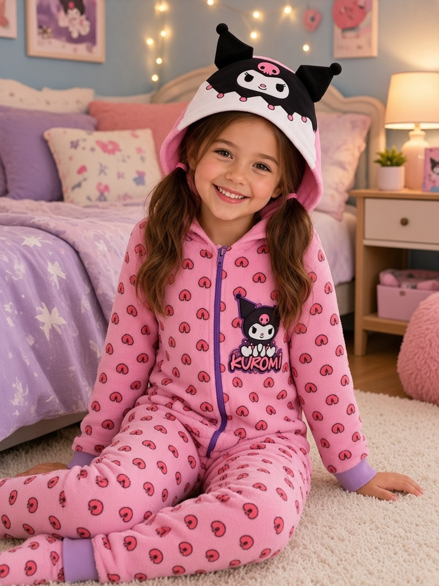 Pijama Macacão de Coralina Kuromi Rosa e Lilás com Capuz — imagem principal