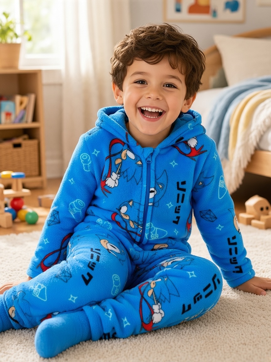 Pijama Macacão de Coralina Sonic Azul com Capuz — imagem principal