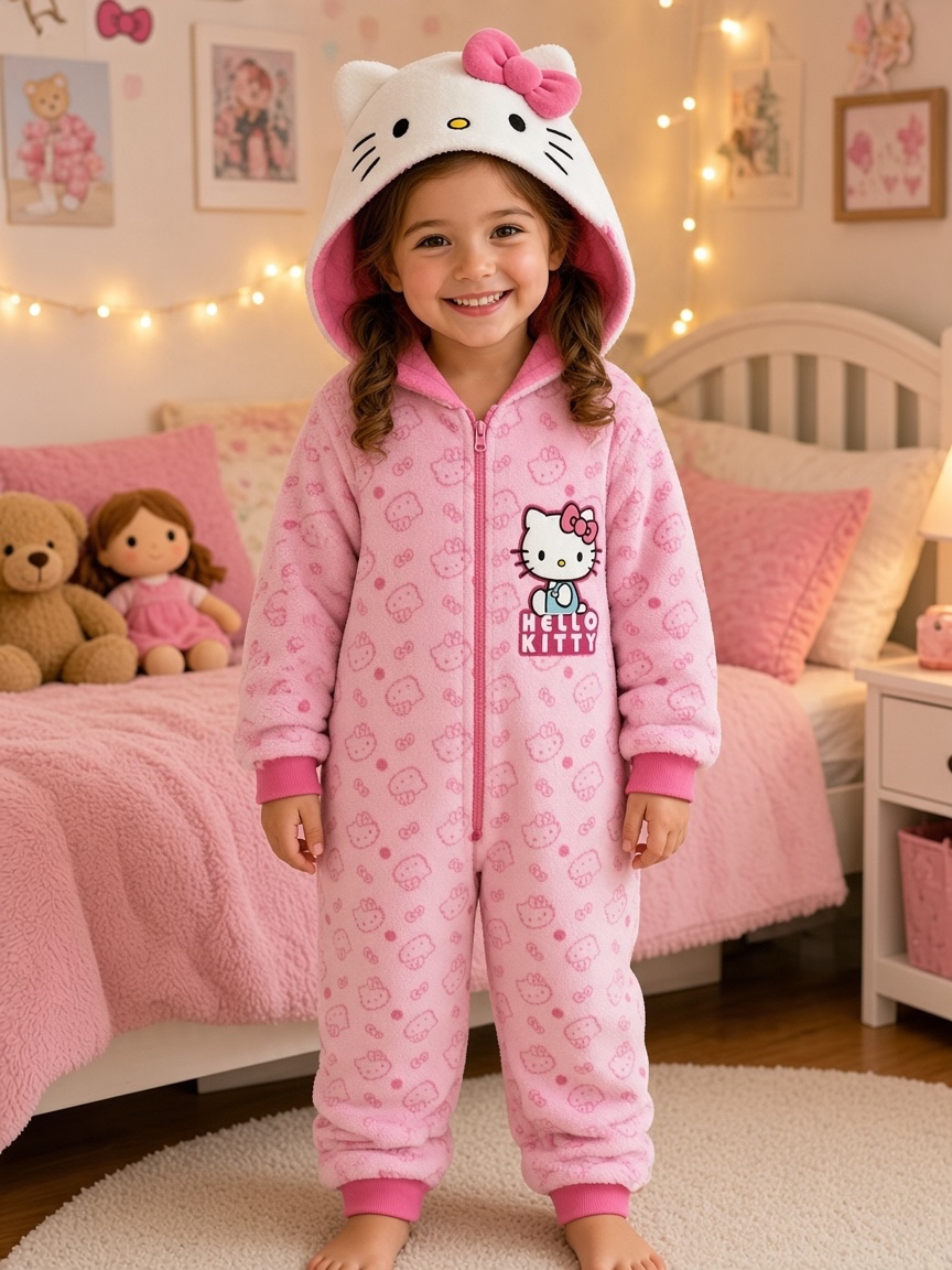 Pijama Macacão de Coralina Hello Kitty Rosa com Capuz — imagem principal