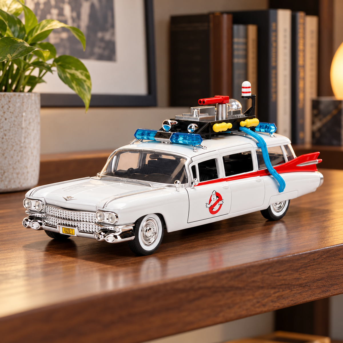 Ecto-1 Ghostbusters 1:24 em ambiente de coleção — imagem de contexto criada com IA