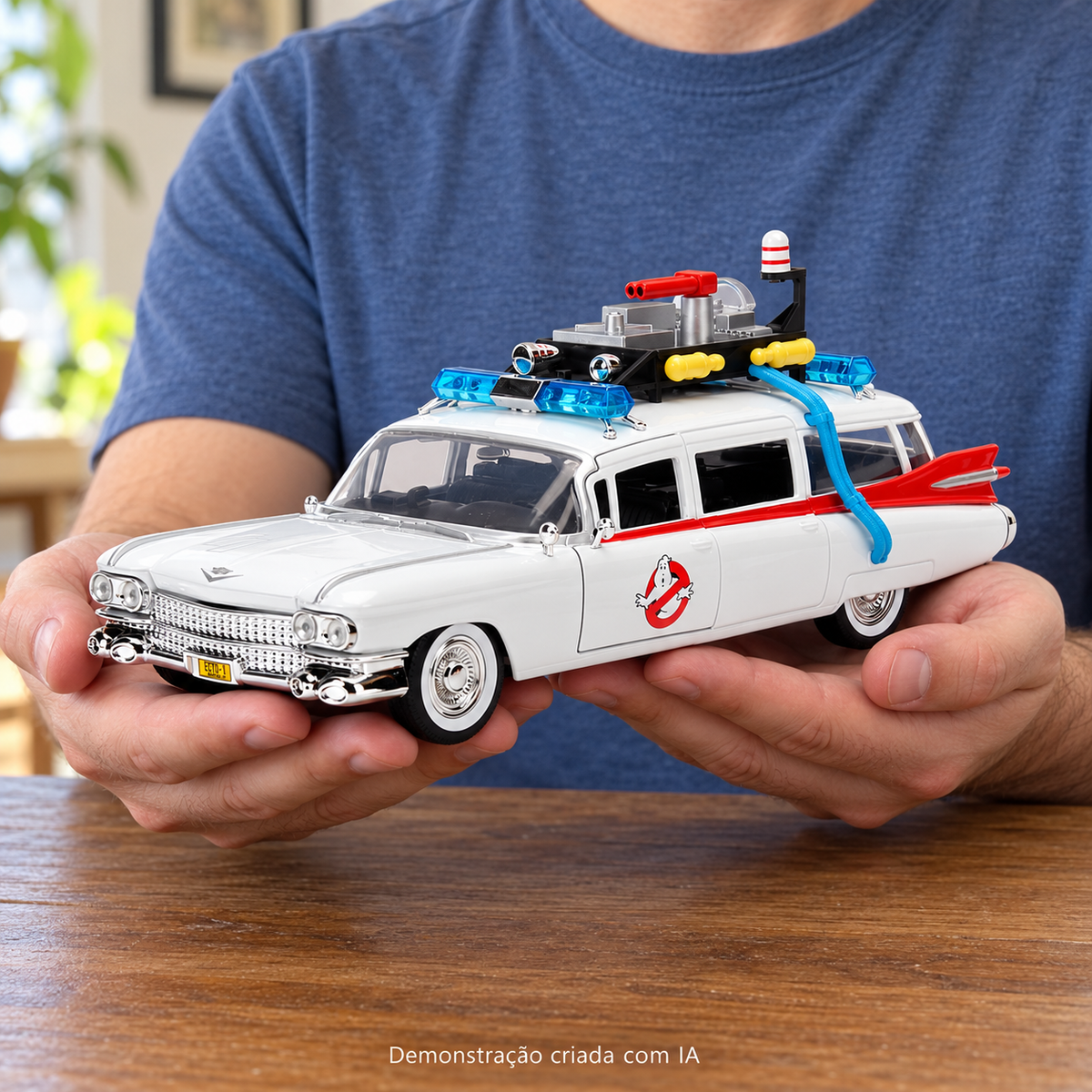 Ecto-1 Ghostbusters nas mãos de um adulto — demonstração criada com IA