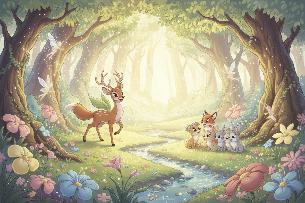 Gera-me uma imagem de uma floresta Disney com tons claro