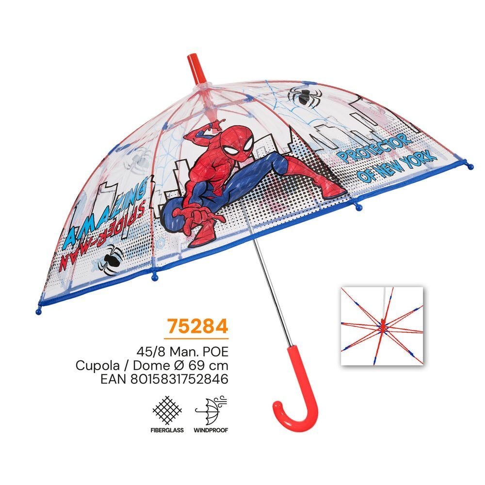 Guarda-chuva Spider-Man Perletti com especificações: cúpula de 69 cm