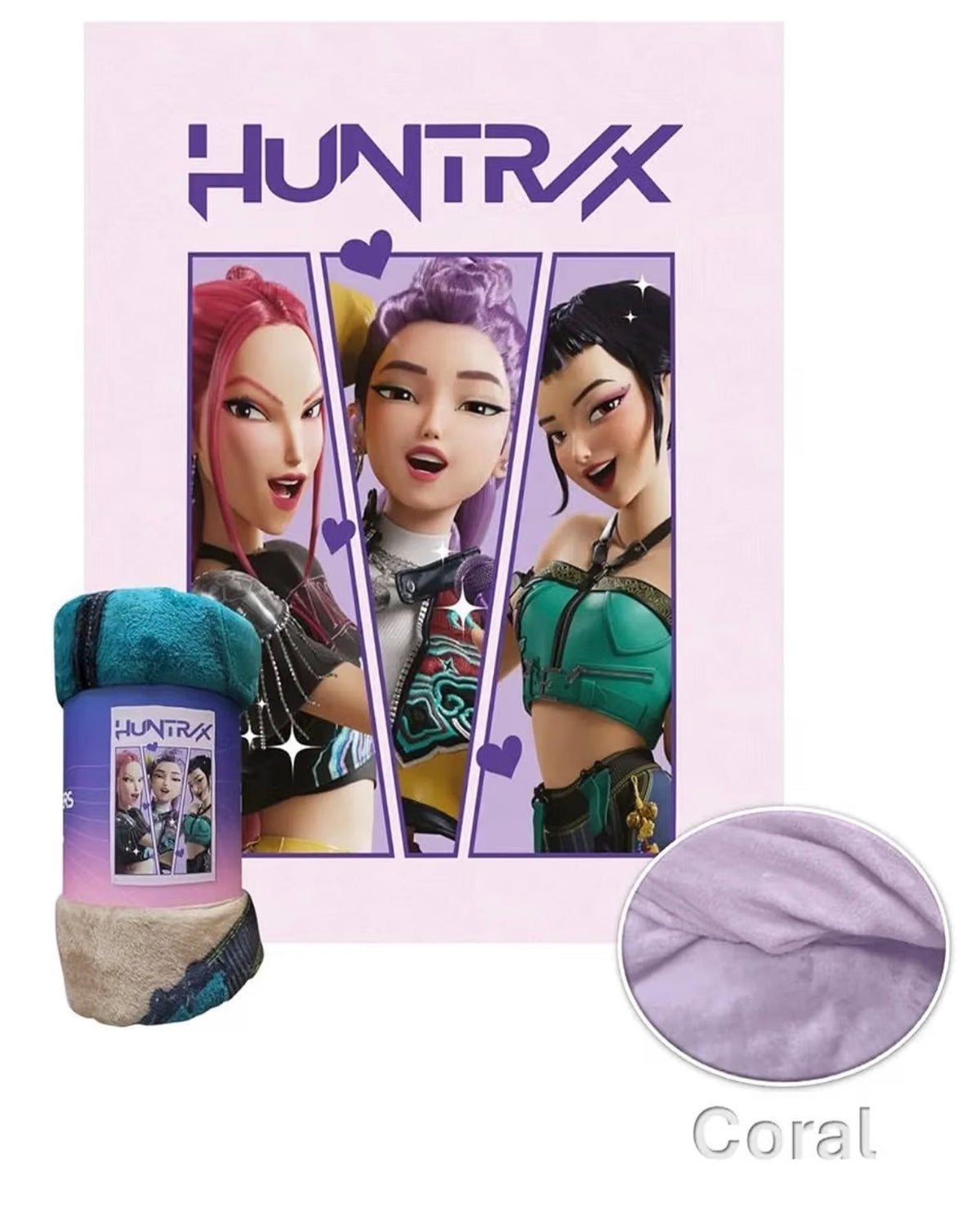 Manta Polar Coralina K-Pop Demon Hunters HUNTR/X Rosa 130 × 160 cm — apresentação e textura