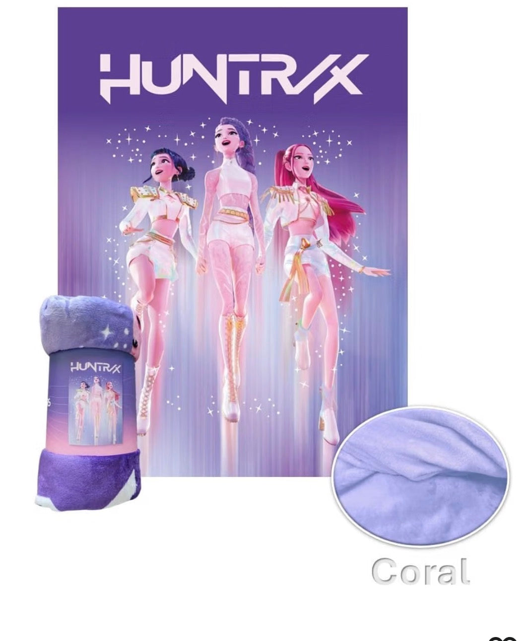 Manta Polar Coralina K-Pop Demon Hunters HUNTR/X Palco 130 × 160 cm — apresentação e textura