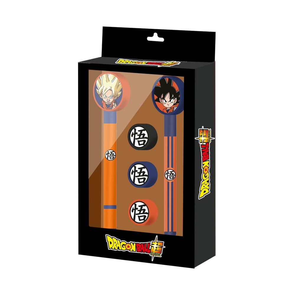 Conjunto Dragon Ball Super: Caneta + Lápis + 3 Borrachas