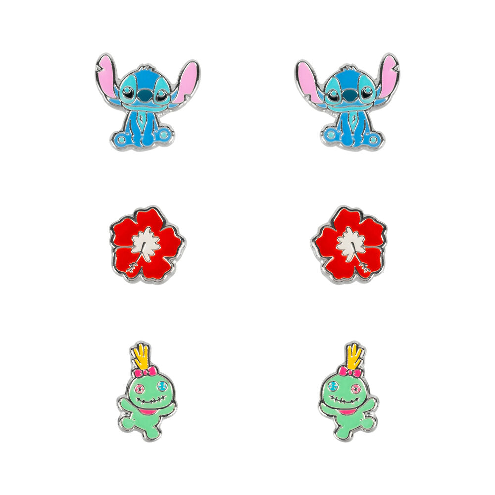 Conjunto de 3 pares de brincos Stitch da Disney em prata.