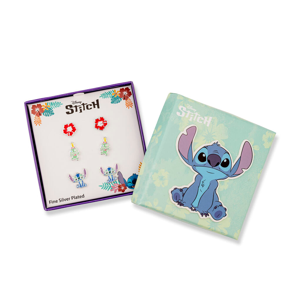 Conjunto de 3 pares de brincos Stitch da Disney em prata.