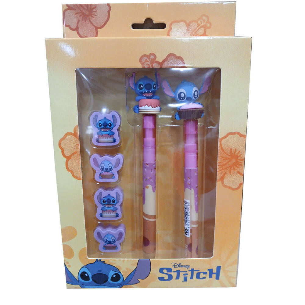 Set with: Pen + Pencil + 4 erasers - Stitch Disney