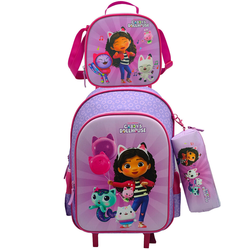 Conjunto de Trolley 43cm + lancheira + estojo Gabby´s Dollhouse
