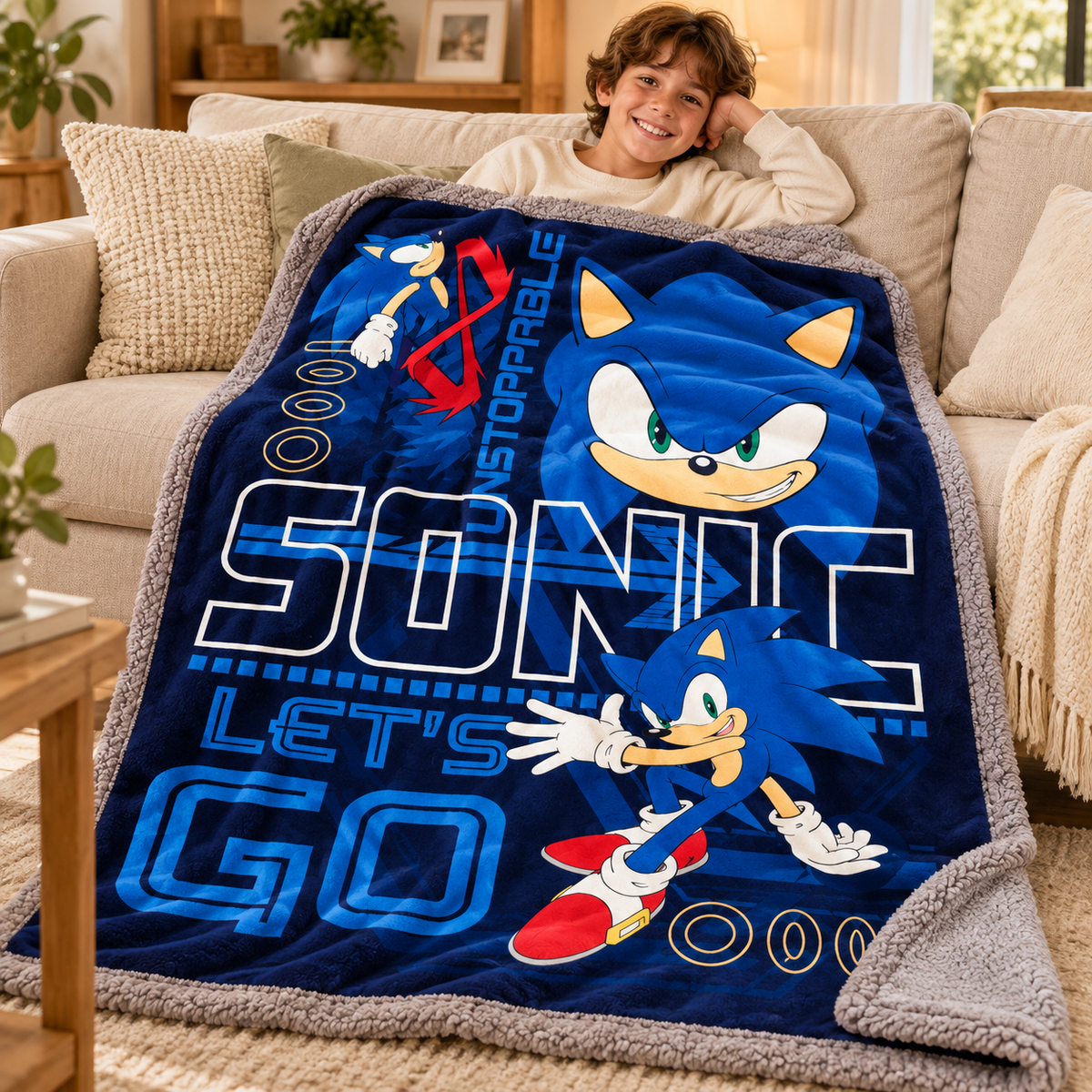 Manta Sherpa Sonic 140 × 190 cm em utilização — imagem ilustrativa criada com IA
