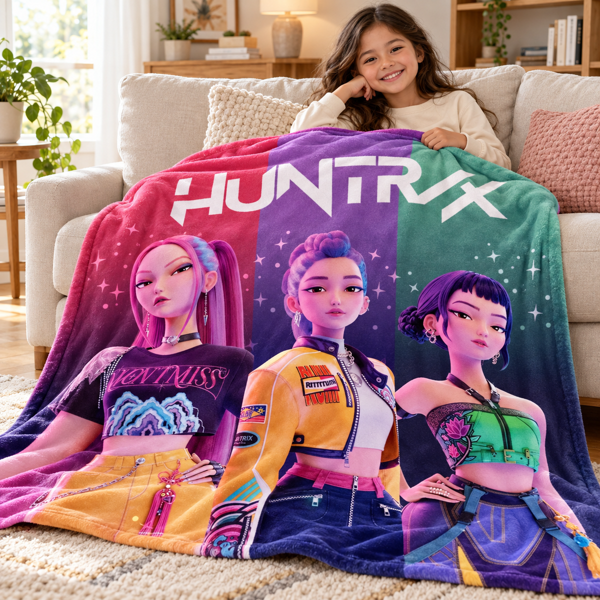 Manta HUNTR/X Multicolor em utilização — imagem ilustrativa criada com IA