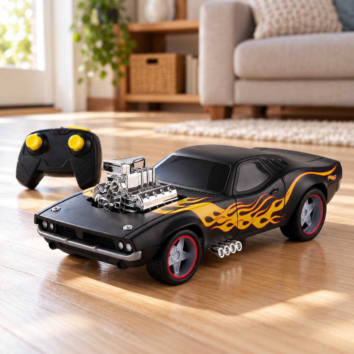 Hot Wheels Rodger Dodger telecomandado em contexto doméstico — cenário criado com IA
