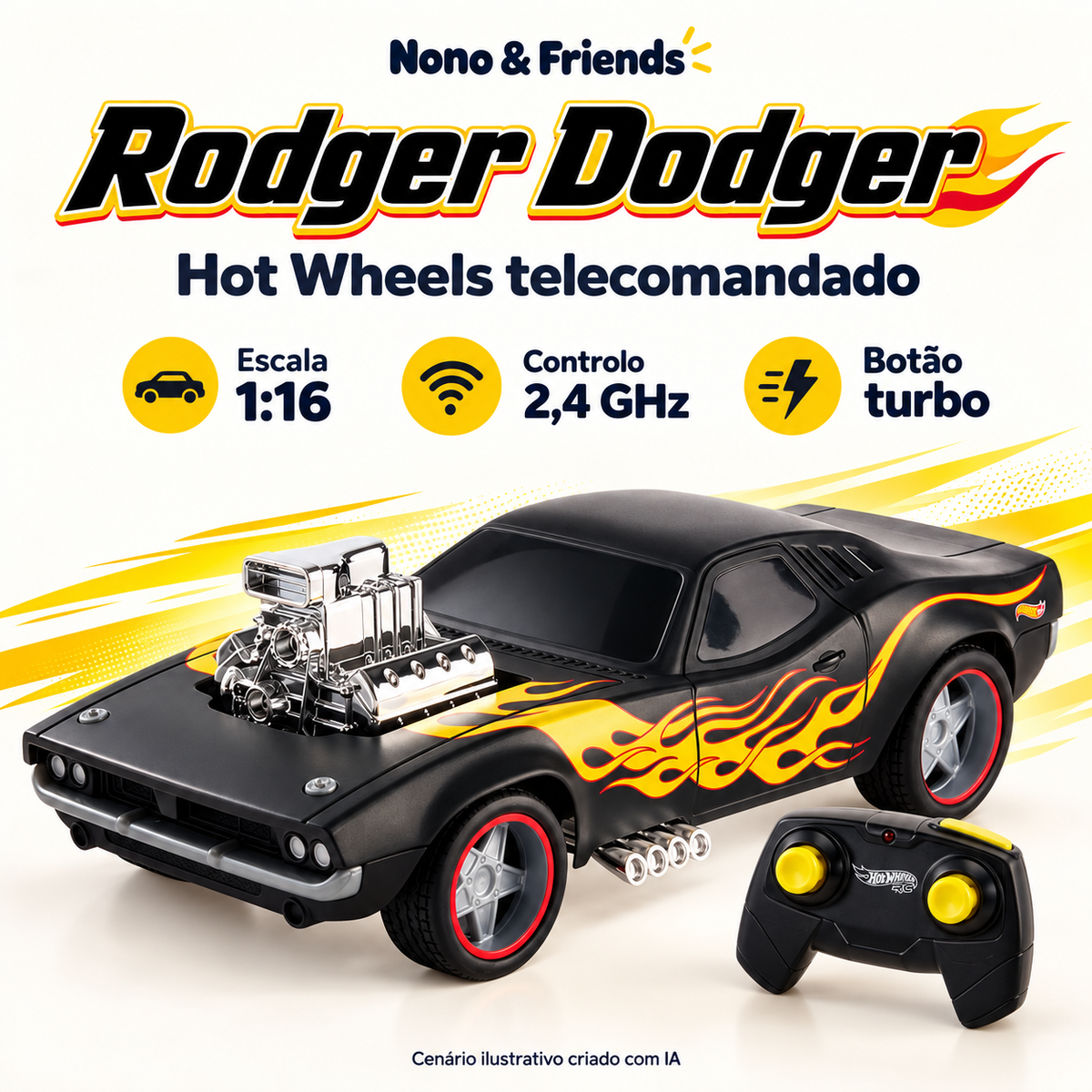 Hot Wheels Rodger Dodger: escala 1:16, controlo 2,4 GHz e botão turbo — criativo com IA